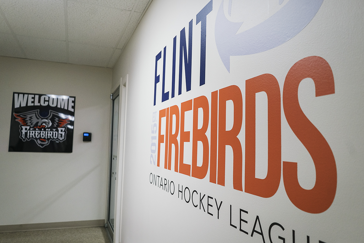Flint, MI - Tuesday, January 30, 2018: The administrative offices are adorned with Flint Firebirds decorations, the anchor tenant of the Dort Federal Event Center.