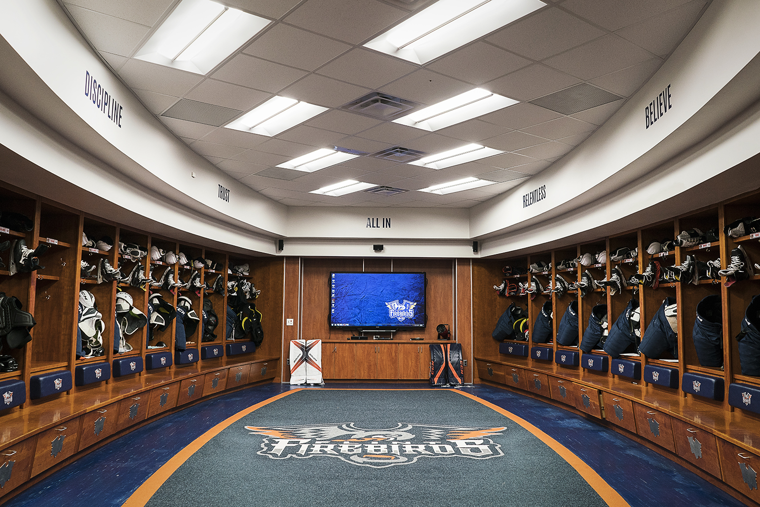 Flint, MI - Tuesday, January 30, 2018: The updated, pro-style Flint Firebirds locker room boasts a fully equipped strength and conditioning facility, theater for viewing film and lounge for the players at the Dort Federal Event Center.