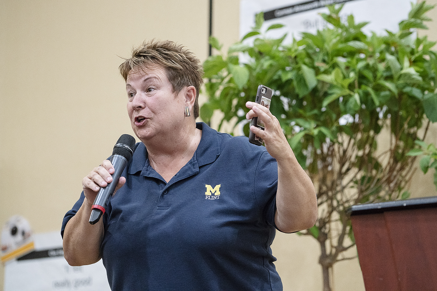 Flint, MI - Friday, May 4, 2018: University of Michigan - Flint chancellor Sue Borrego speaks to the Blueberry Ambassadors during the 5th Annual Blueberry Ambassador Awards Party at the Riverfront Banquet Center downtown.