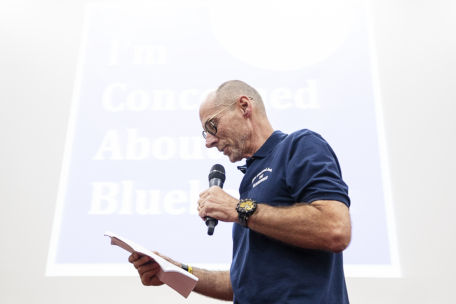 Flint, MI - Friday, May 4, 2018: Blueberry Founder and Fenton Twp. resident Phil Shaltz, 69, speaks to the audience about the beginning of the Blueberry Ambassador program during the 5th Annual Blueberry Ambassador Awards Party at the Riverfront Banq