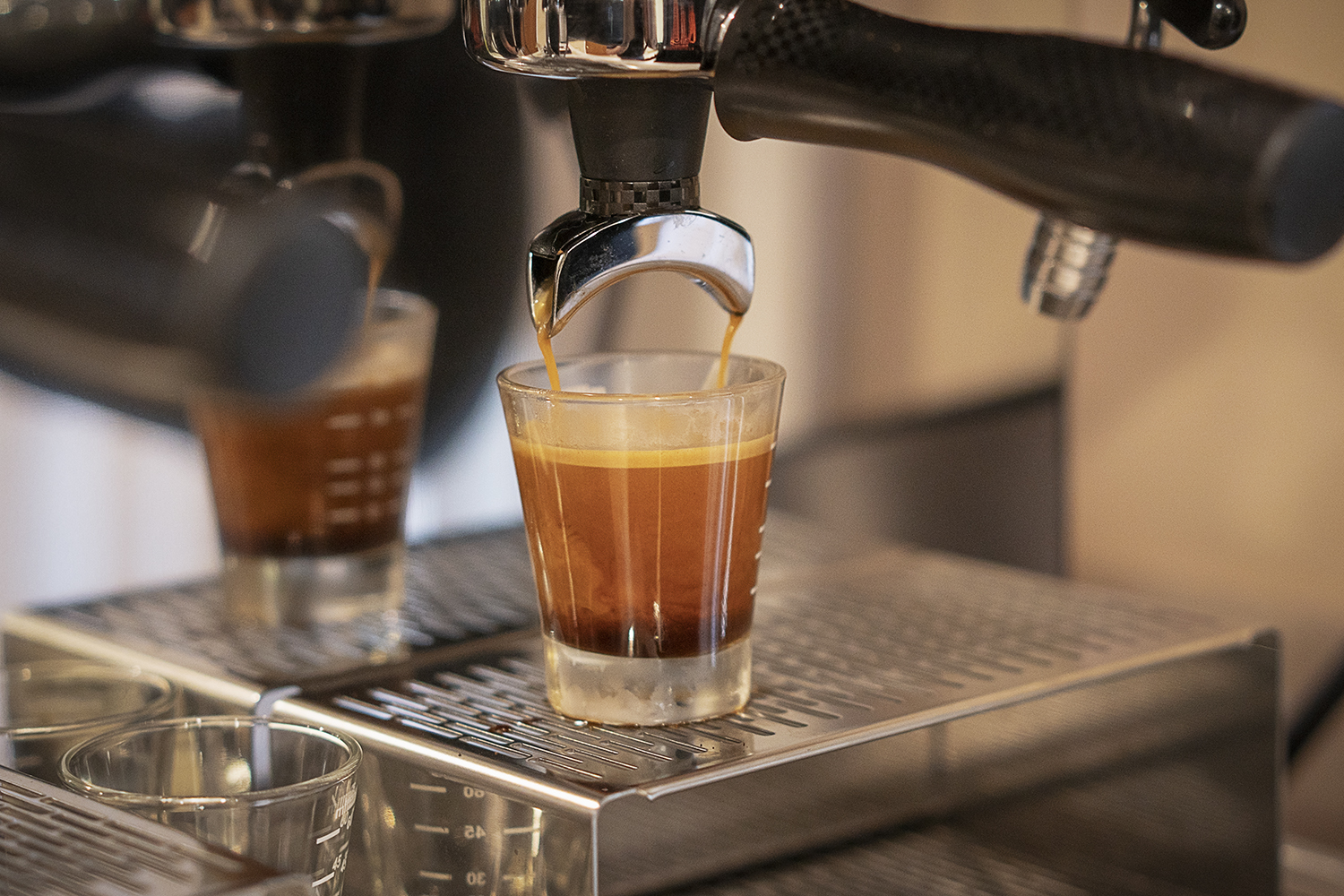 Flint, MI - Friday, June 15, 2018: A fresh shot of espresso pours into a shot glass at Chill Coffee Cafe.