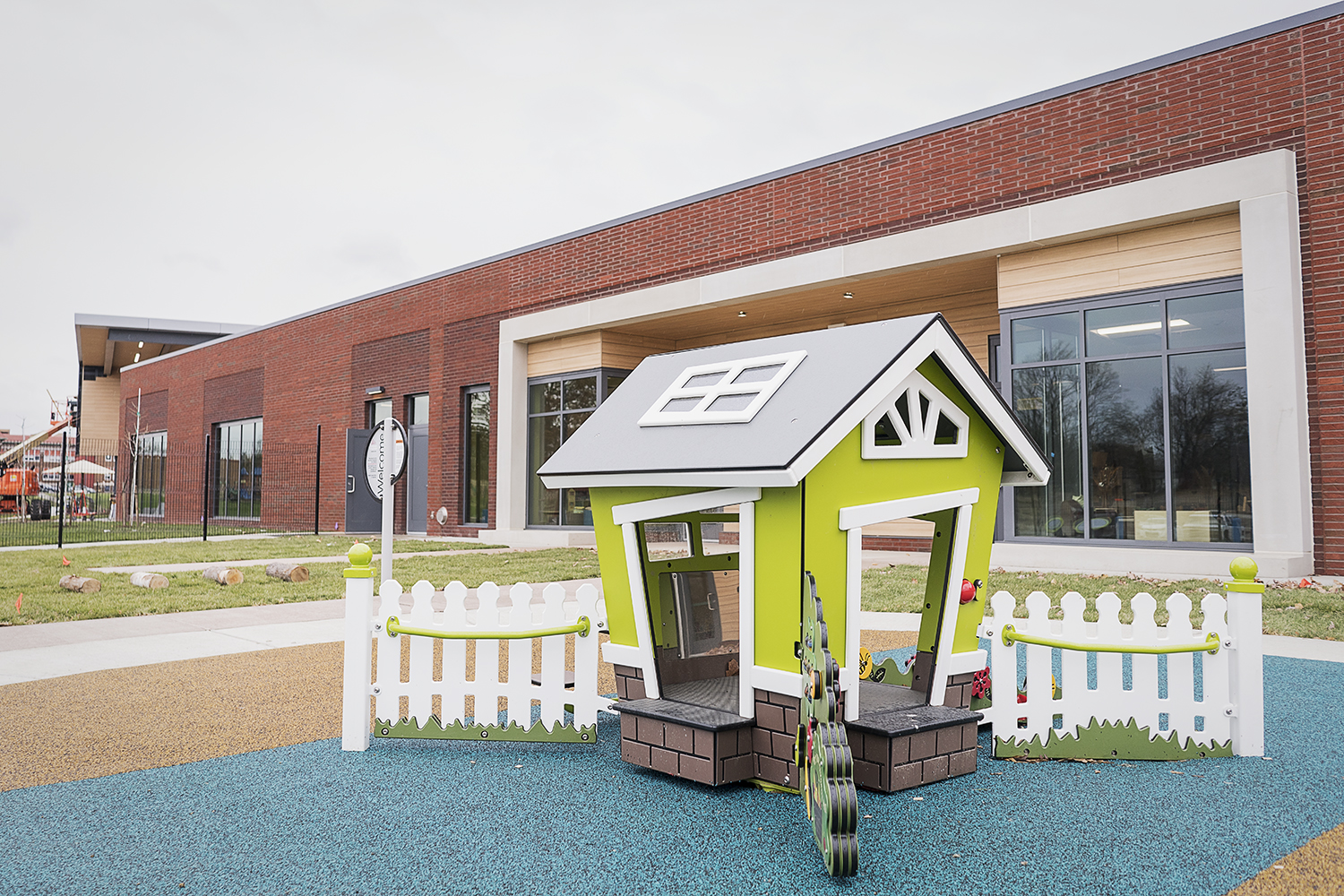 Flint, MI - Tuesday, November 21, 2017: A small playhouse sits outside of the new Educare Center in Flint in the attached play space outside of one of the classrooms.