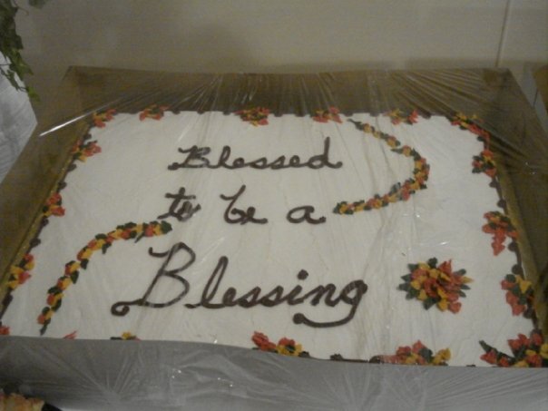 A large cake was one of the desserts for the very first Blessed to be a Blessing Thanksgiving dinner. 