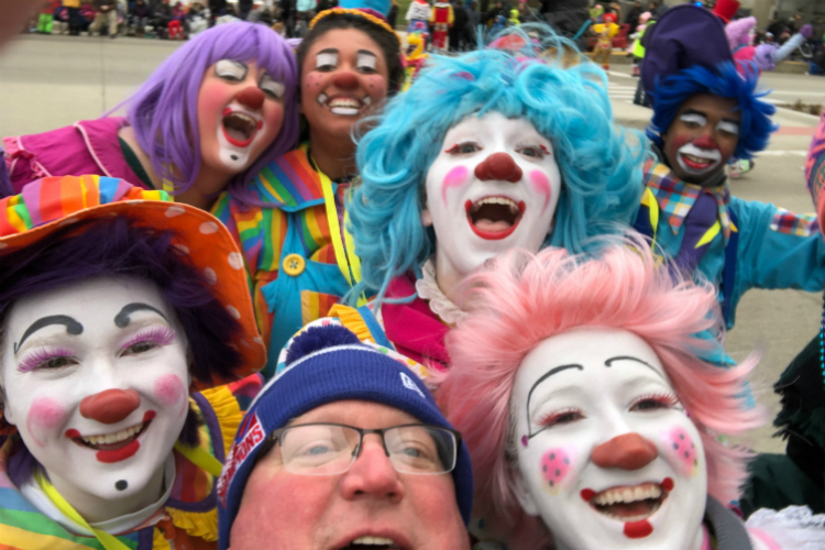 A troupe of 26 current and alumni Mott Community College clowns performed during the Detroit Thanksgiving Day parade.