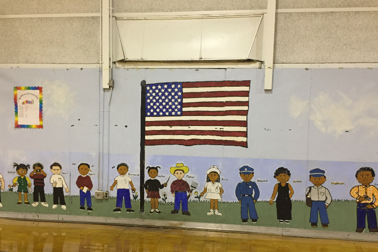 A mural inside the Flint Development Center, which opened for summer programs in the former Bunche Elementary School building.