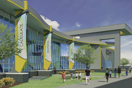 Community leaders and dignitaries broke ground on Tuesday, June 26, 2018, on the Flint Cultural Center Academy, a charter school being built through a $35 million donation from the Charles Stewart Mott Foundation. This image shows the east facade of 