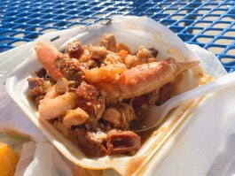 A small portion of the seafood gumbo comes swimming in spicy sauce and loaded with crab, shrimp, and sausage.