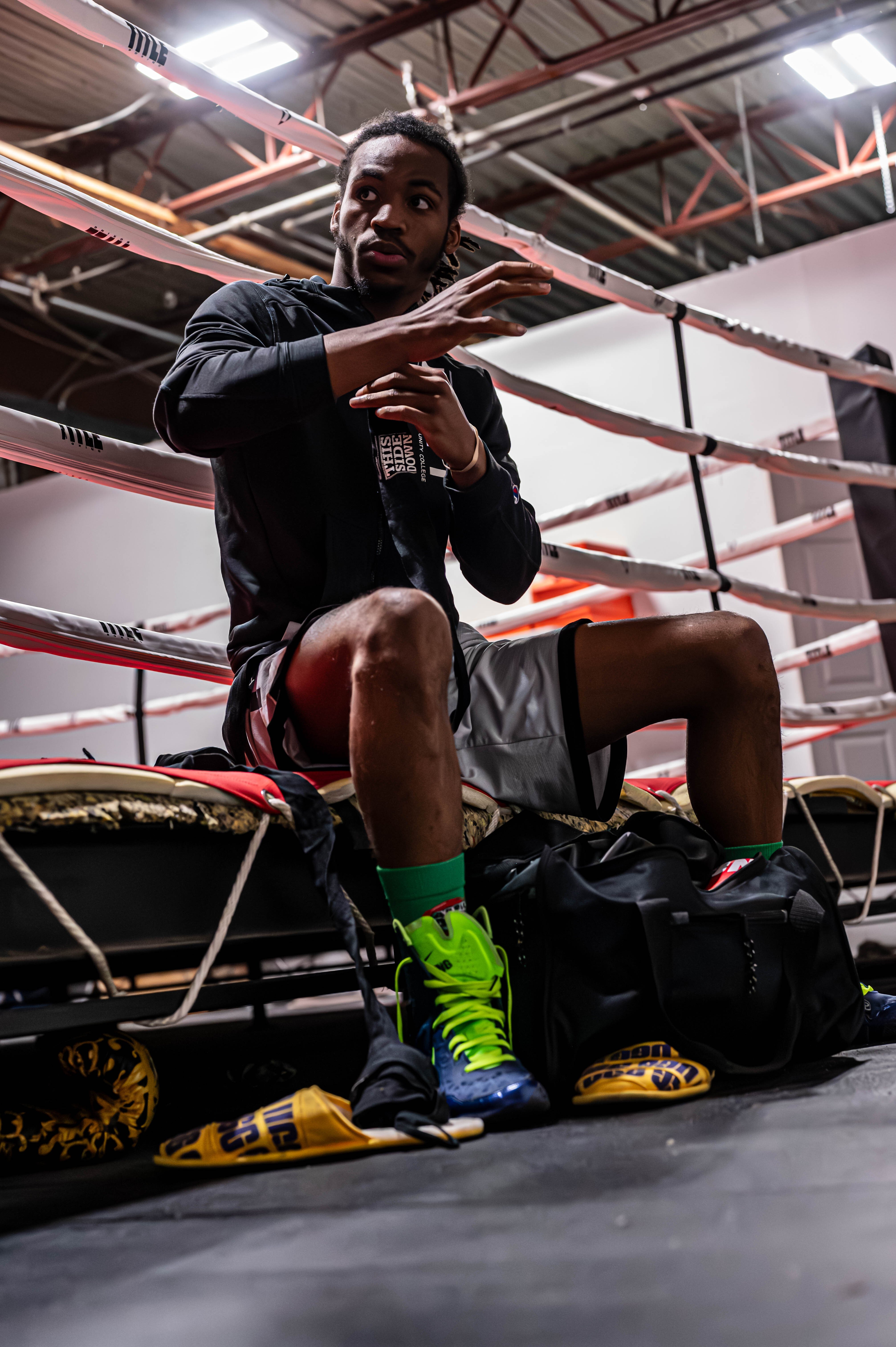 Flint boxer Jaylyn Nichols takes a pause and reflects during his workout before the 'Armageddon in April' fight.