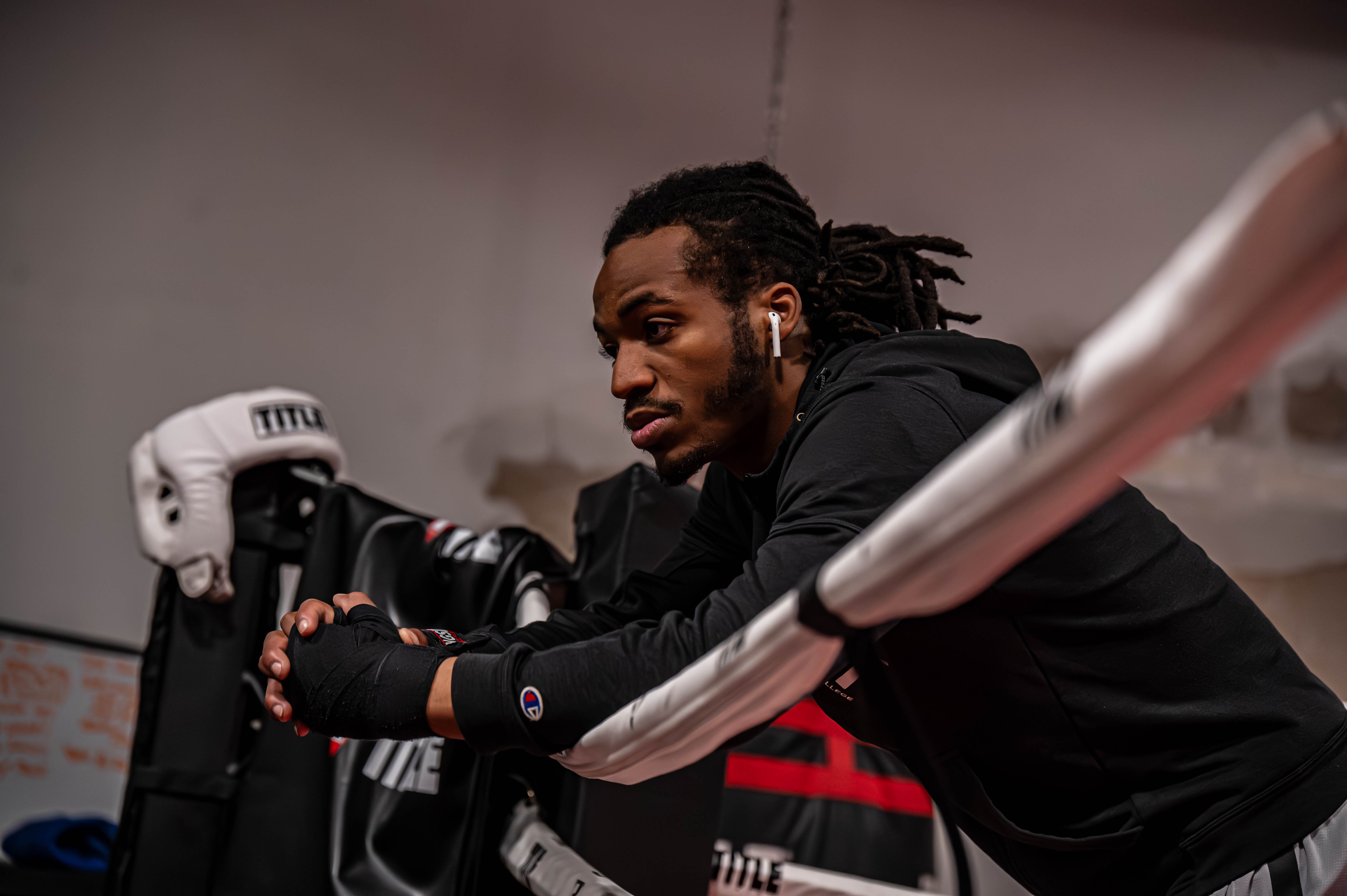 Flint boxer Jaylyn Nichols takes a pause and reflects during his workout before the 'Armageddon in April' fight.