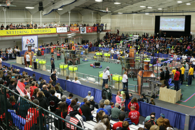 Thousands of people flock to Kettering University during the FIRST Robotics district competitions and kick-off events. Kettering has hosted districts for 18 consecutive years.