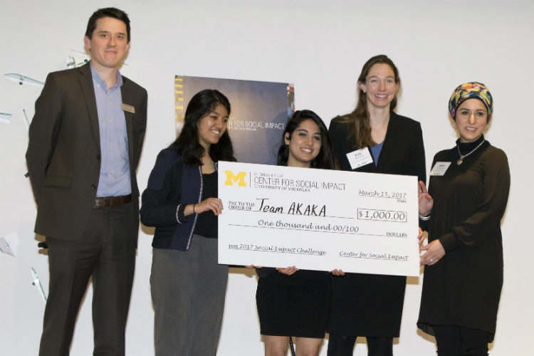 Team A.K.A.K.A. won the $1,000 second prize, $250 co-campus prize, and $250 arts focus prize. The team included Kate Blessing, Aisha Changezi (UM-Flint), Ashlyee Freeman, Ashrita Shetty, and Karen Cuenca.