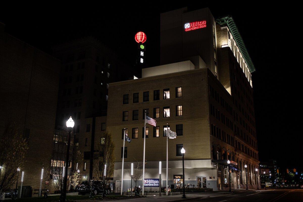A look at Flint's Hilton Garden Inn with the lights on. The new hotel downtown Flint opened in October 2020.