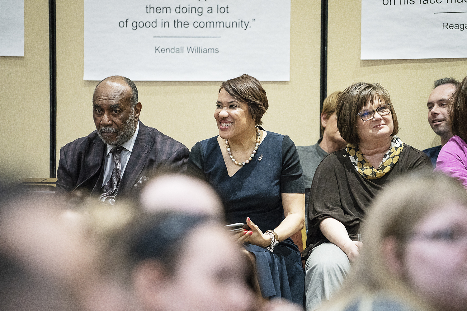 Flint, MI - Friday, May 4, 2018: Flint City Mayor Karen Weaver (center) laughs during the program of the 5th Annual Blueberry Ambassador Awards Party at the Riverfront Banquet Center downtown.