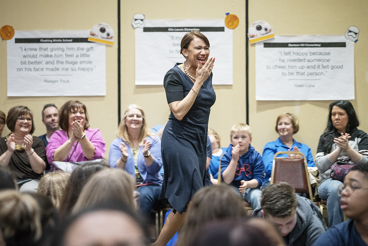 Flint, MI - Friday, May 4, 2018: Flint City Mayor Karen Weaver laughs as she is called up to the stage during the 5th Annual Blueberry Ambassador Awards Party at the Riverfront Banquet Center downtown.