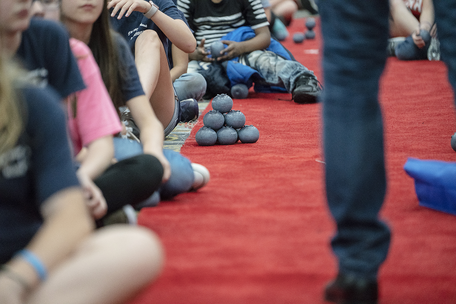 Flint, MI - Friday, May 4, 2018: A small pile of blueberry-replica stress balls sits on the red carpet during presentations at the 5th Annual Blueberry Ambassador Awards Party at the Riverfront Banquet Center downtown.