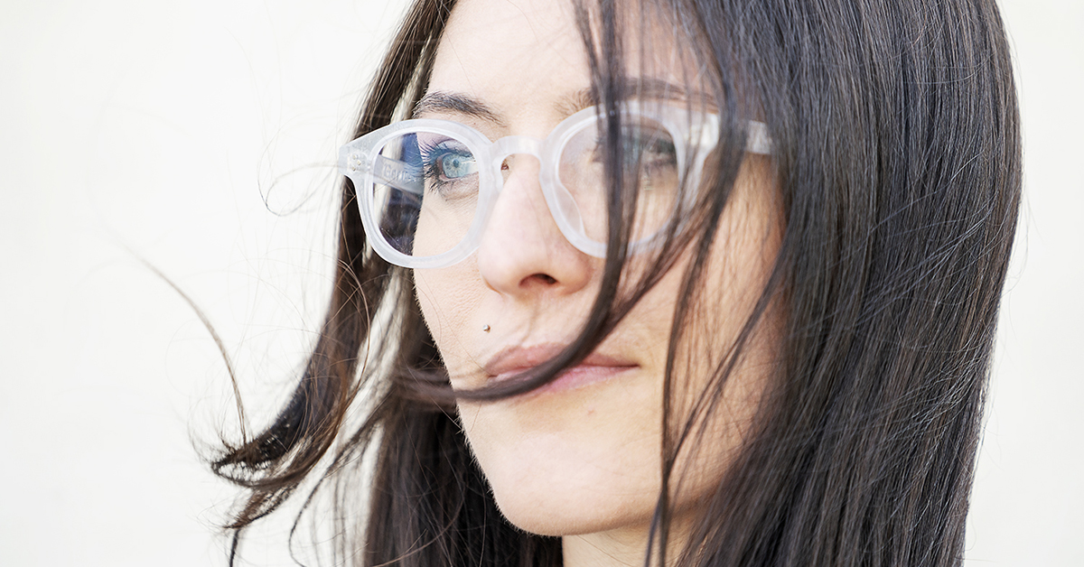 Flint, MI - Wednesday, May 9, 2018: Genusee co-founder Ali Rose Van Overbeke (28) models a pair of the Roeper, the first style of glasses to come from Genusee.