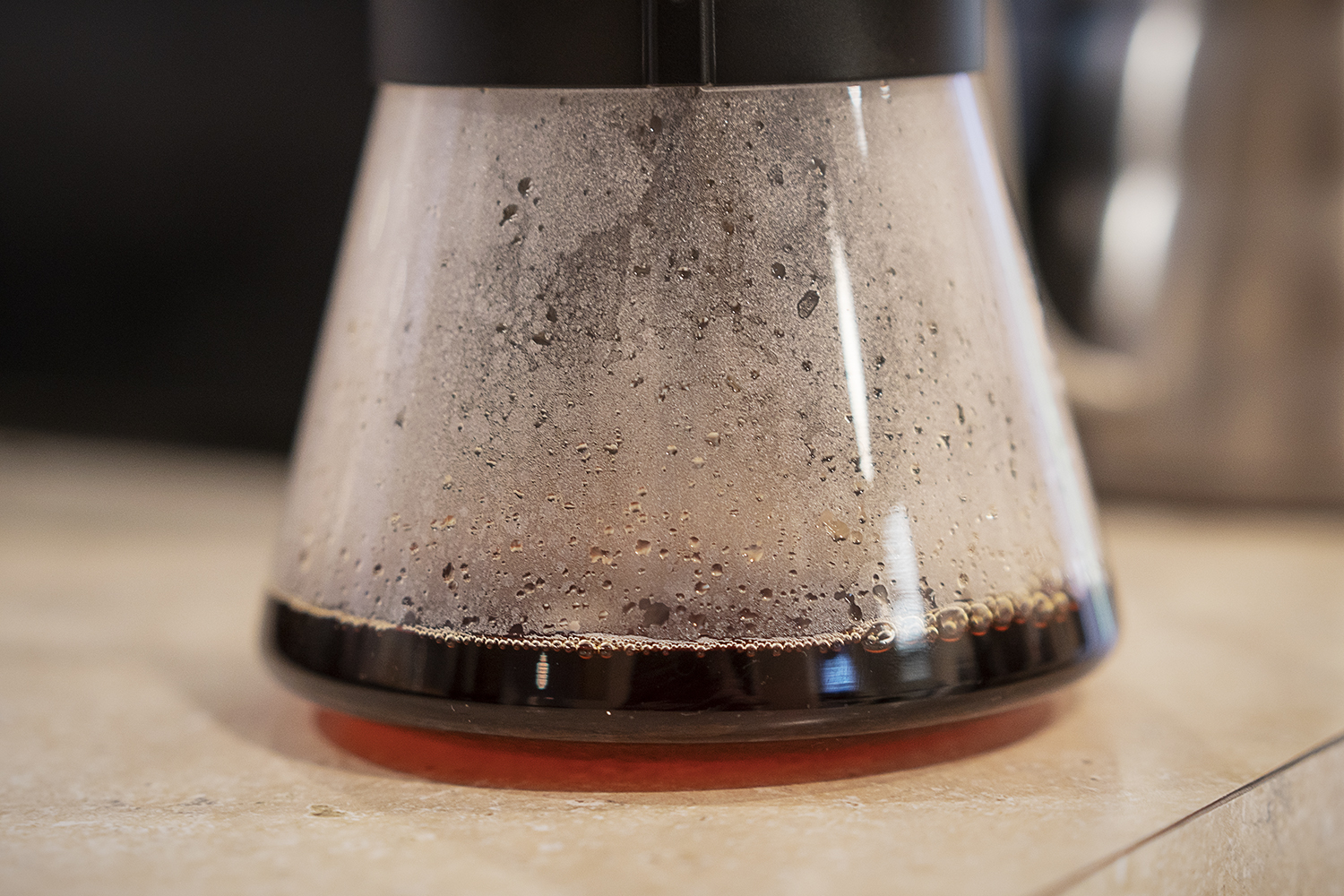 Flint, MI - Friday, June 15, 2018: Freshly brewed coffee drips into a carafe at Chill Coffee Cafe.