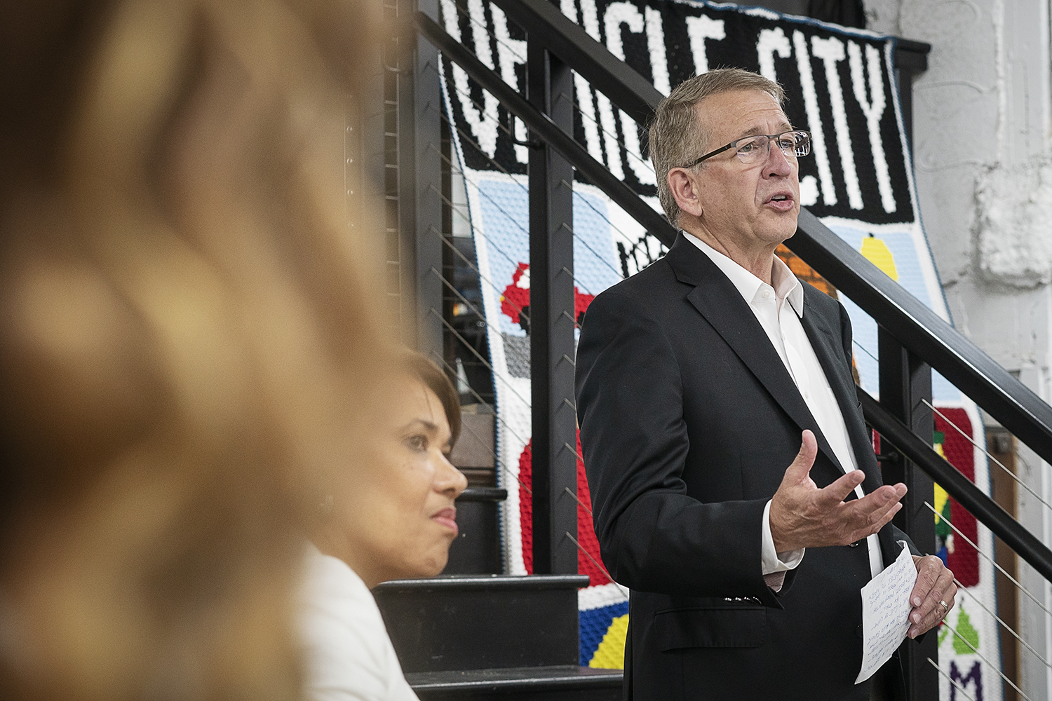 Flint, MI - Thursday, June 22, 2018: Skypoint Ventures founder and co-owner Phil Hagerman speaks to the crowd at The Ferris Wheel in Downtown Flint.