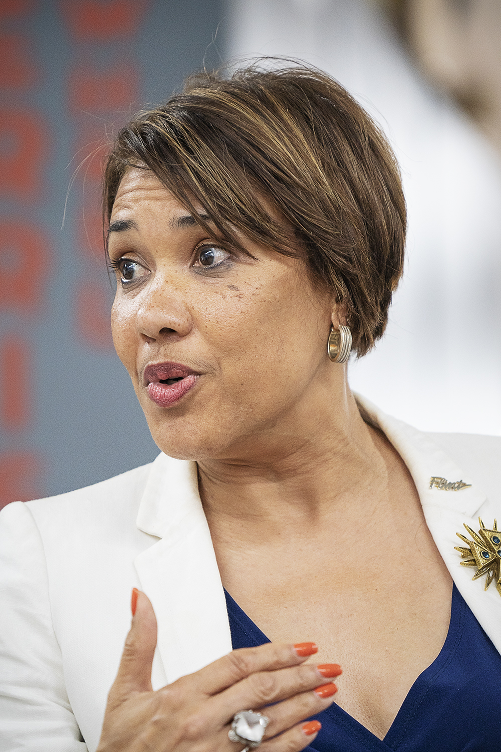 Flint, MI - Thursday, June 22, 2018: Flint Mayor Karen Weaver speaks to the audience during the move-in party at The Ferris Wheel in Downtown Flint.