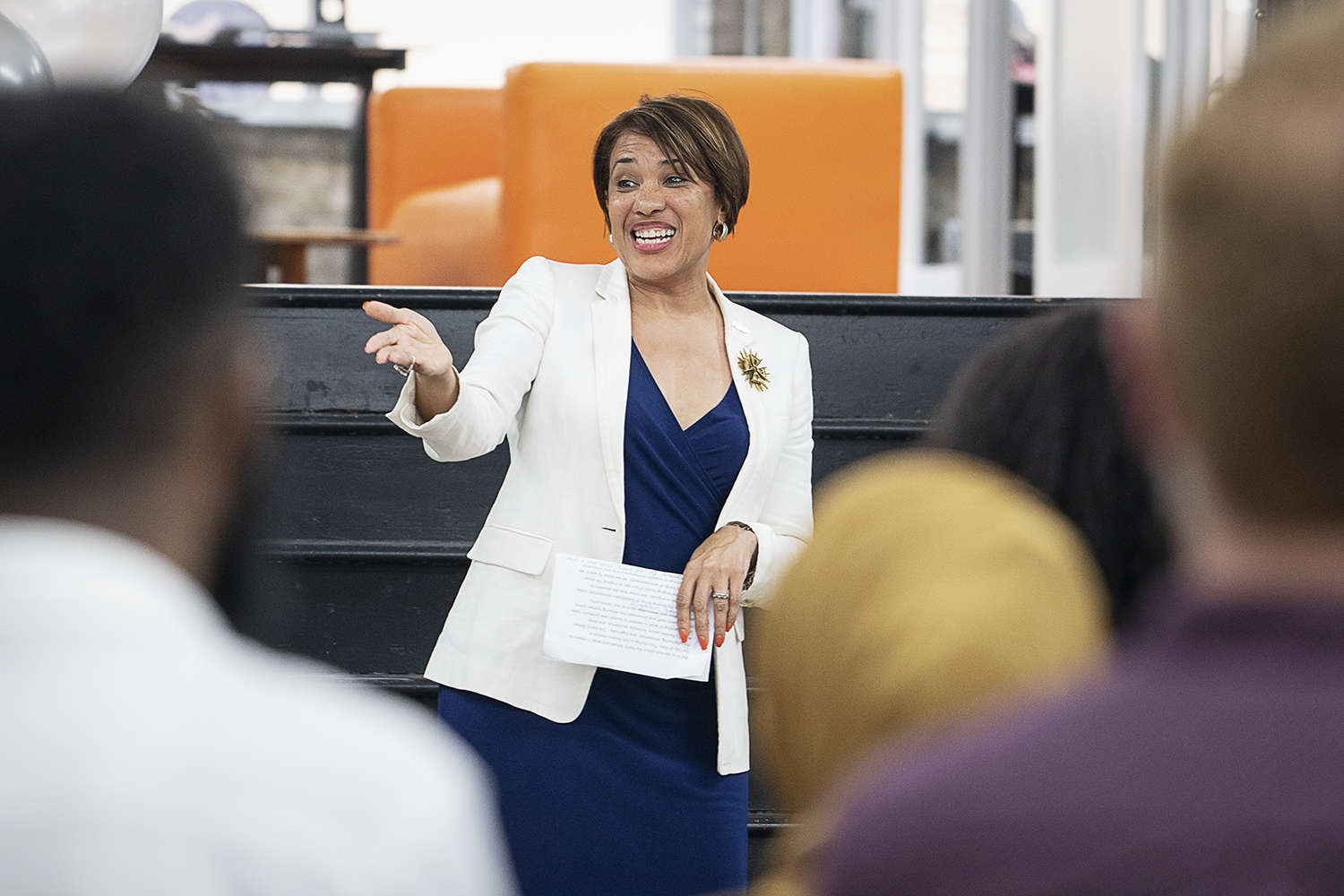 Flint, MI - Thursday, June 22, 2018: Flint Mayor Karen Weaver speaks to the audience during the move-in party at The Ferris Wheel in Downtown Flint.