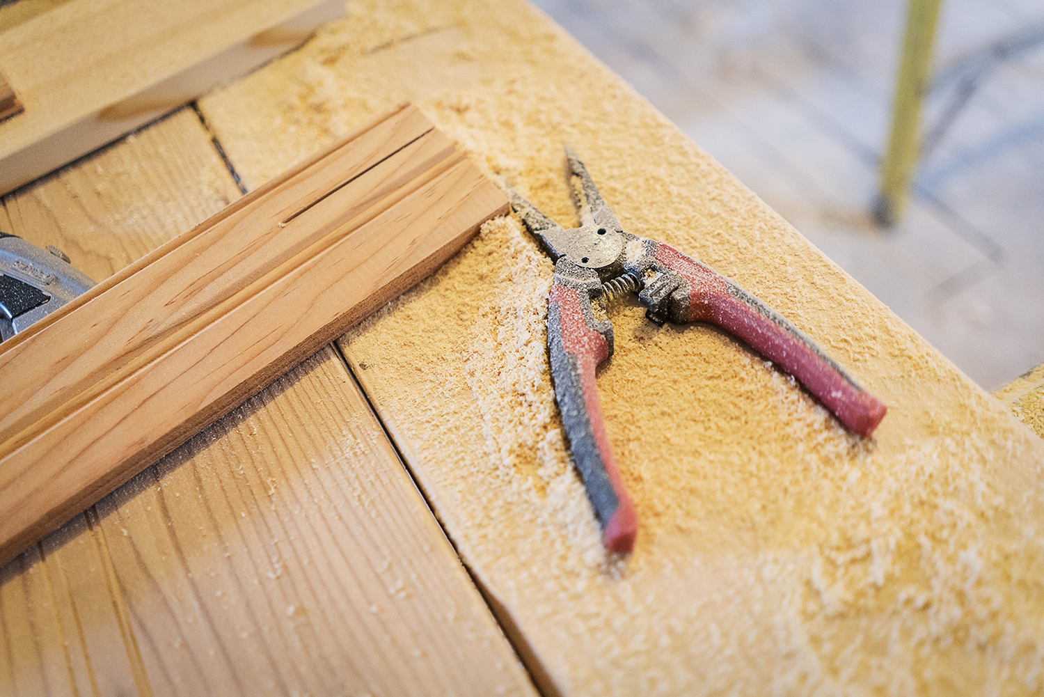 Flint, MI - Tuesday, October 31, 2017: A pair of pliers covered in sawdust sits on a workbench on the third floor of the Whaley Historic House Museum.