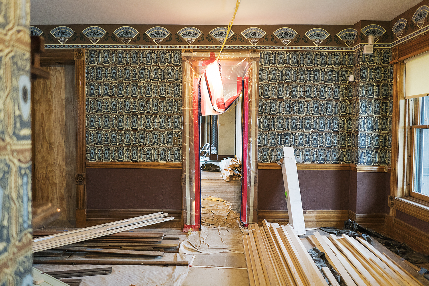 Flint, MI - Tuesday, October 31, 2017: Construction materials sit on the floor in the dining area of the Whaley Historic House Museum.