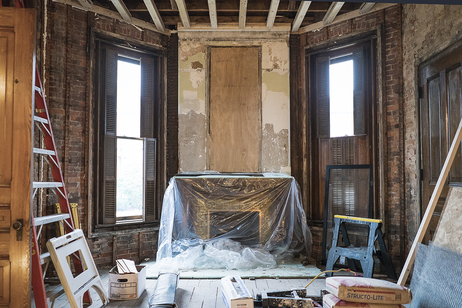 Flint, MI - Tuesday, October 31, 2017: Construction materials sit in the music room of the Whaley Historic House Museum, in preparation of the house's full restoration.