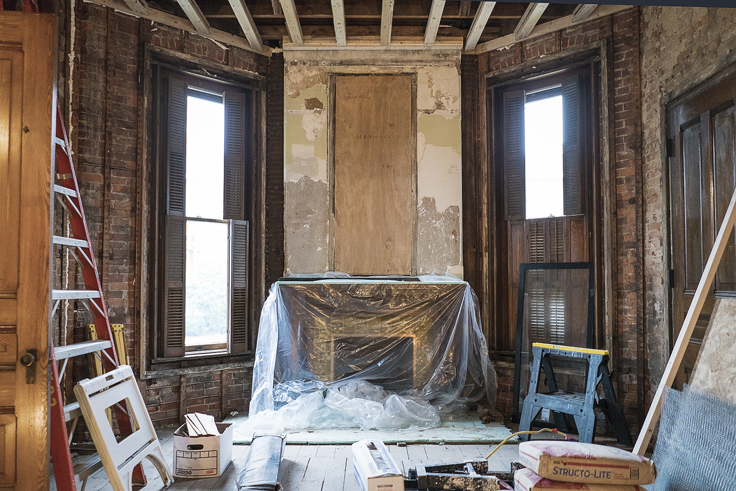 Flint, MI - Tuesday, October 31, 2017: Construction materials sit in the music room of the Whaley Historic House Museum, in preparation of the house's full restoration.