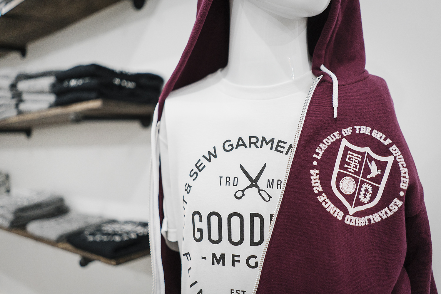 Shelves and mannequins are laden with garments from the new GoodBoy Clothing collections as the showroom is assembled for the upcoming grand opening event on November 17, 2017 for the new storefront for GoodBoy Clothing in downtown Flint.