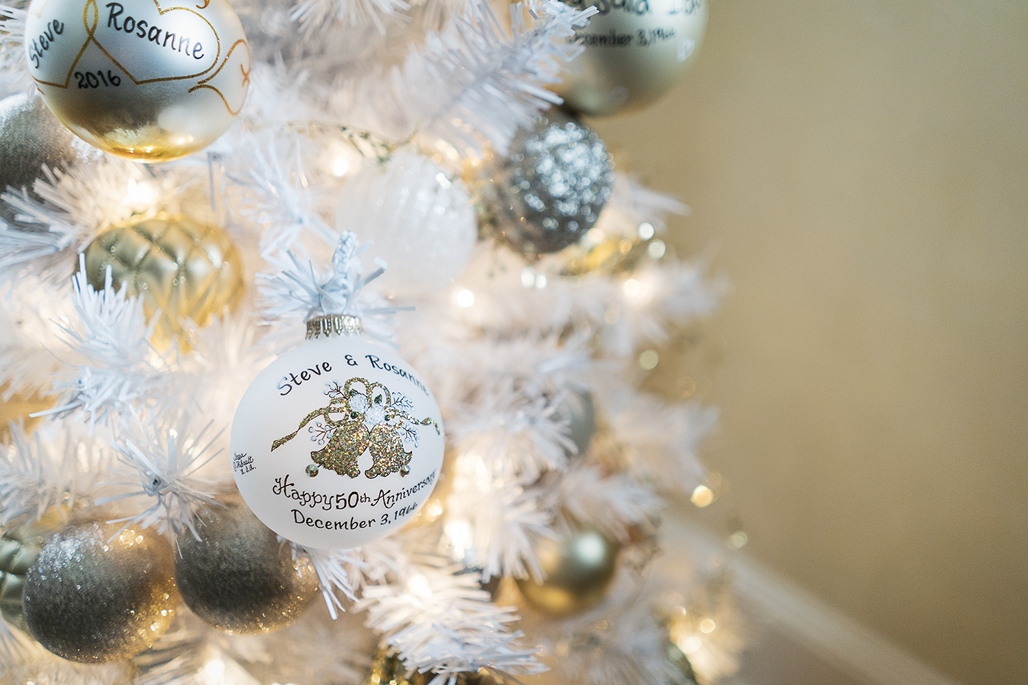 Sitting in the corner of the "Flint Room" of the Heddy house, is a small, white and gold Christmas tree that was presented to the Heddy's for their 50th wedding anniversary.