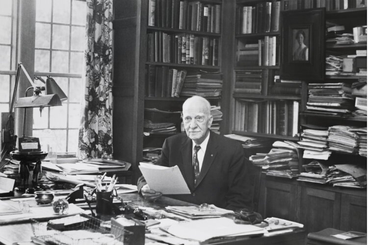 Charles Stewart Mott its at his desk at Applewood in this undated photo.
