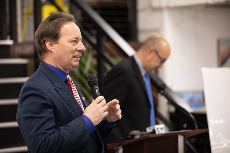 Flint City Bucks chairman Dan Duggan addresses the crowd after helping to reveal the new team name and logo.