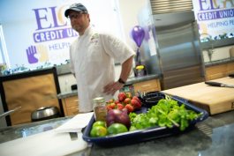 Sean Gartland, the Flint Farmers' Market culinary director, stands in the new ELGA Credit Union Demonstration Kitchen.