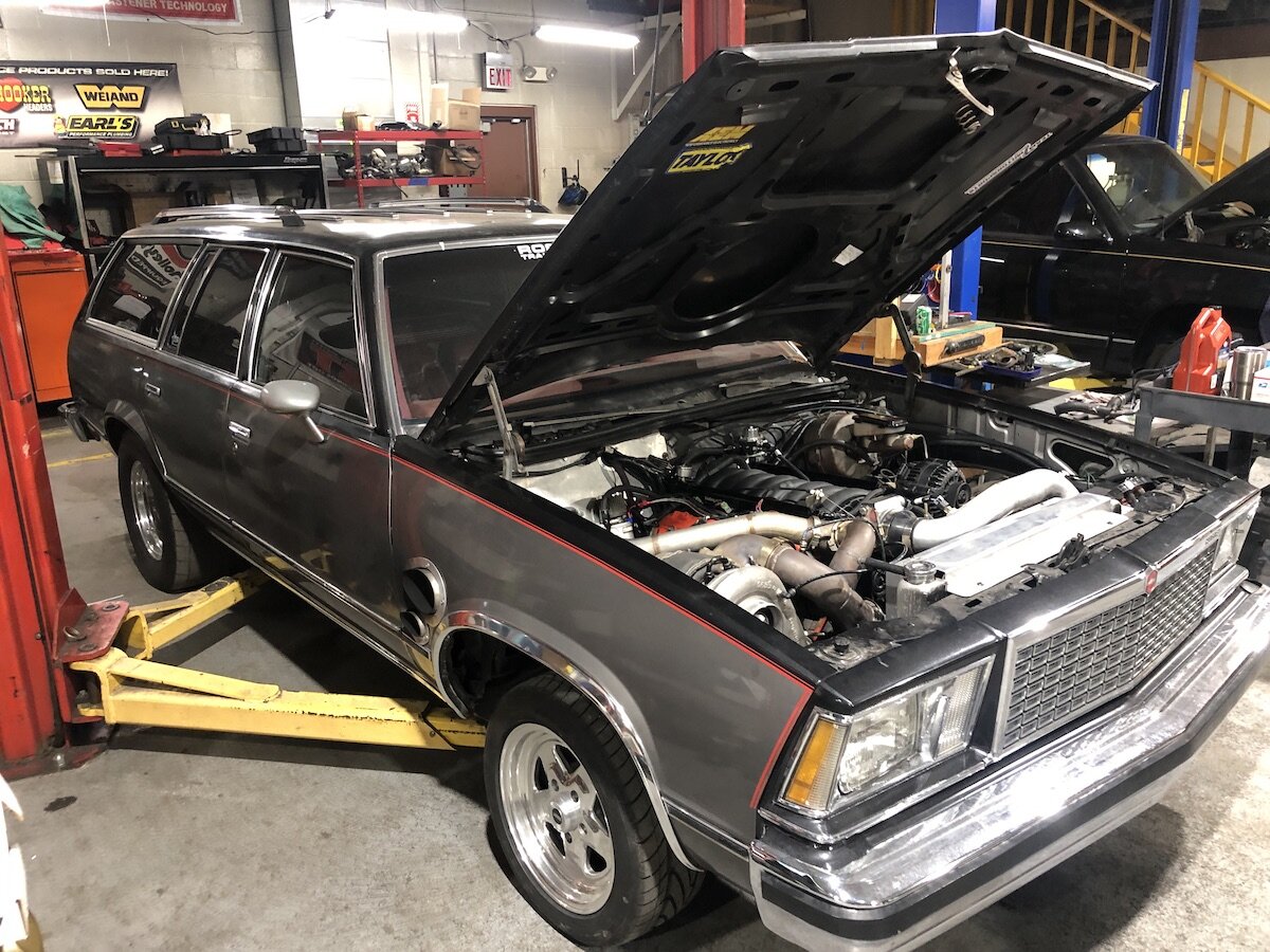 One of several vehicles getting custom work done at Alpha Motorsports in Flint.