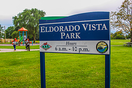 Three teenagers are hanging out at Eldorado Vista Park, which sits in the heart of the Ballenger Hwy Neighborhood, on August 13, 2023.