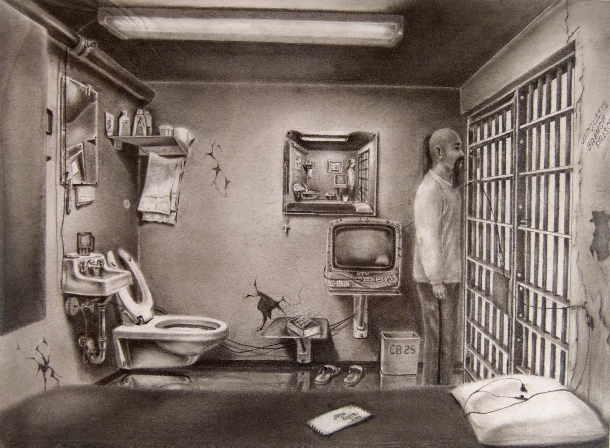 John Bone. Cell Scene, 2010. Graphite on paper, 8 x 10 ½ inches. Collection of Janie Paul.
