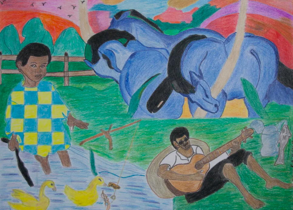 Kushawn Miles El, Father and Son Moment, 2012. Colored pencil on paper 16 x 18 ½ inches. Collection of Adrianne Finelli.