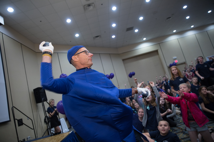 Blueberry Ambassador Founder Phil Shaltz arrives to the party in a Blueberry suit. He also threw out Blueberry balls to the crowd of students.