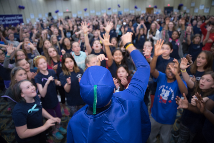 Blueberry Ambassador Founder Phil Shaltz arrives to the party in a Blueberry suit. He also threw out Blueberry balls to the crowd of students.