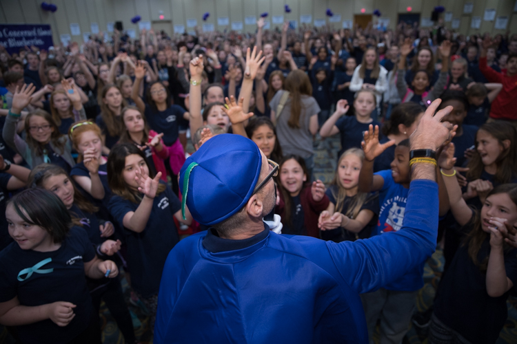 Blueberry Ambassador Founder Phil Shaltz arrives to the party in a Blueberry suit. He also threw out Blueberry balls to the crowd of students.