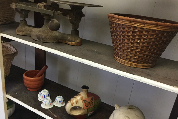 Various knick knacks fill the shelves at the Bread Basket in Flint.