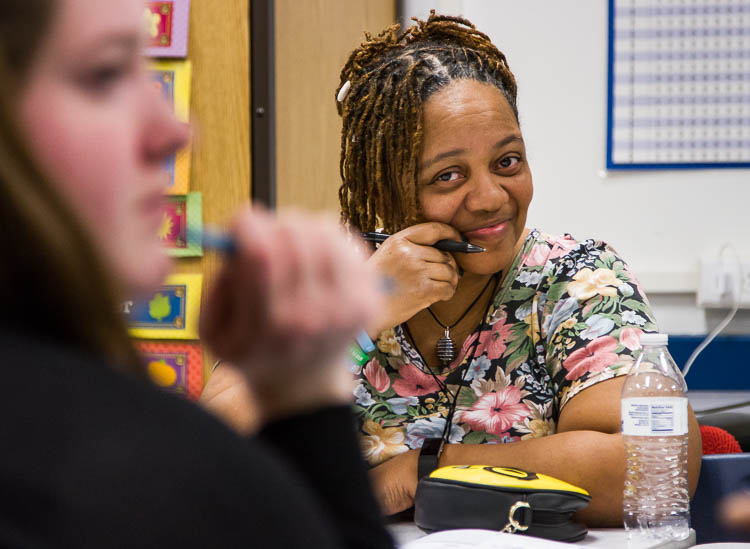 Carma Lewis attends a meeting of the Civic Park Neighborhood Association at the Haskell Community Center in Flint.