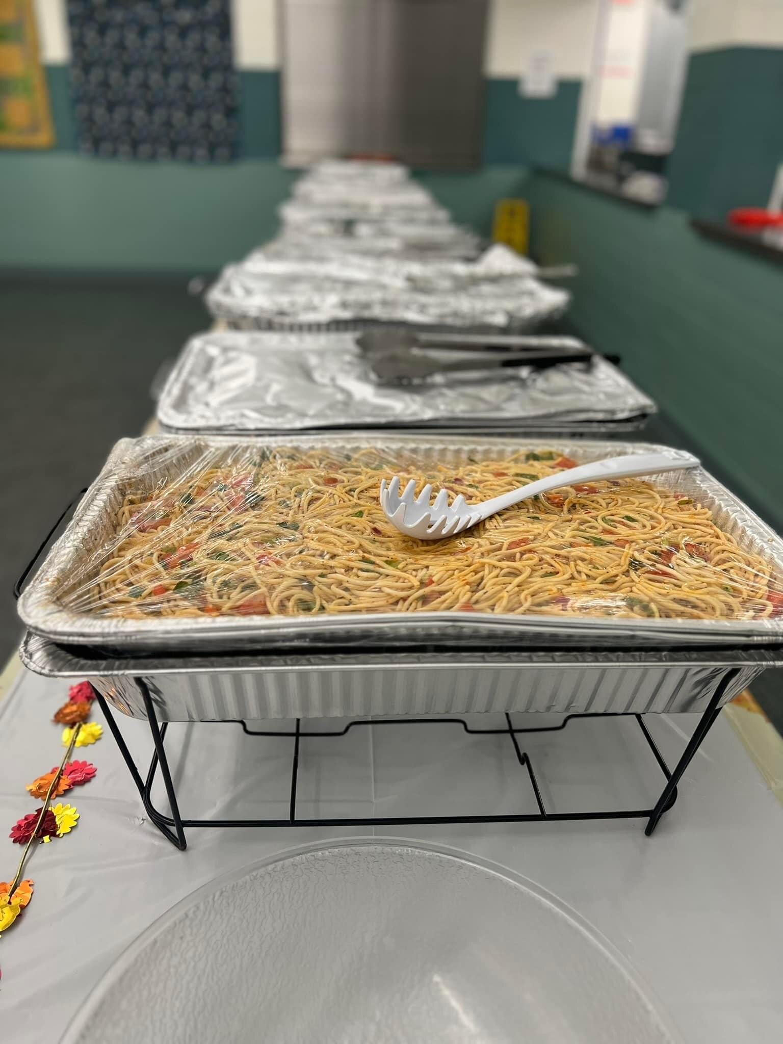 A large pan of spaghetti salad was one of the many side dishes at a previous Blessed to be a Blessing Thanksgiving dinner. 