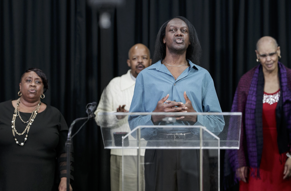 New Jerusalem's praise team sings together for the live broadcast of the Sunday morning service.