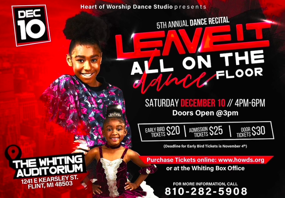 The flyer for the 5th Annual Heart of Worship Dance Studio recital.