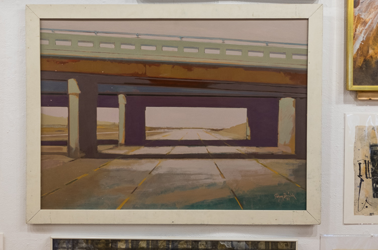 An interstate bridge in downtown Flint. From the Stefan Davidek retrospective exhibit at Buckham Gallery in Flint.