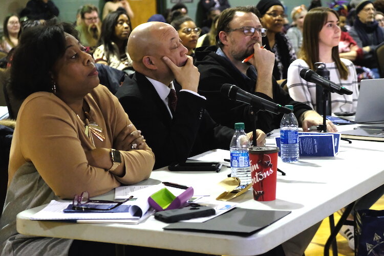 (Left to right) Laura Sigmon, Mayor Sheldon Neeley, and Craig Farrington sit on the judging panel for February 2020's Pitch for $ K event. 