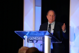 Detroit Mayor Mike Duggan speaks to a sold out crowd of 450 at the Flint and Genesee Chamber of Commerce annual meeting April 11, 2019 at the Holiday Inn-Gateway Centre.