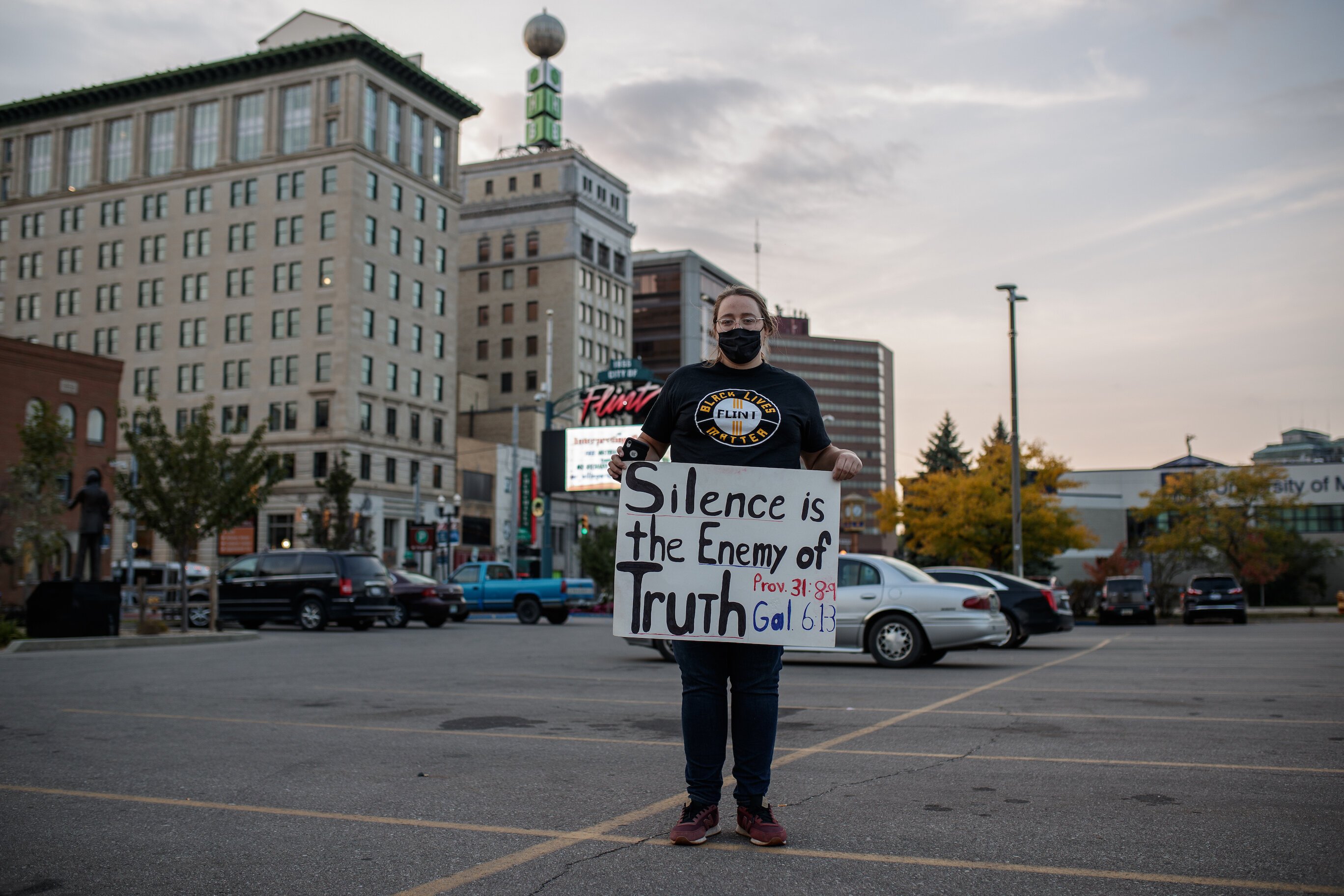 Emily West, 28, grew up in Flint. “I want to come up here, use my voice and help out in any way I can.”