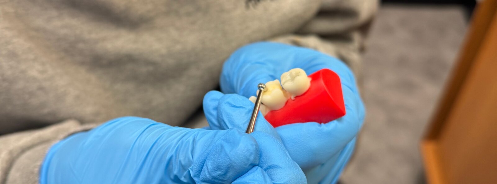 A student at Walker Career Center practices checking teeth.